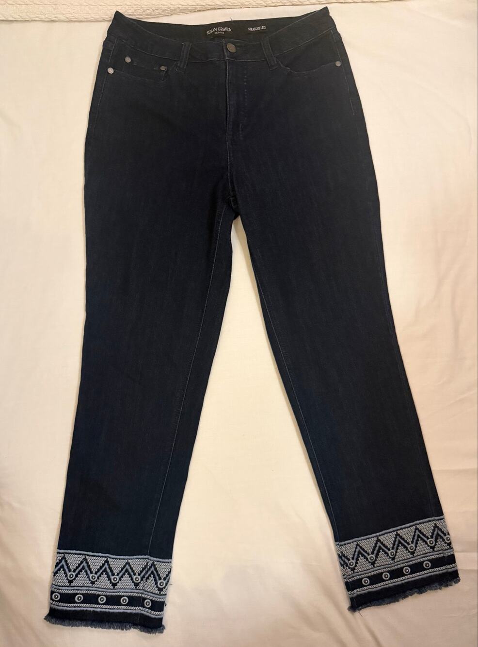 Susan Graver Jeans Women’s 10 Dark Wash Embroidered Straight Leg Boho Frayed Hem